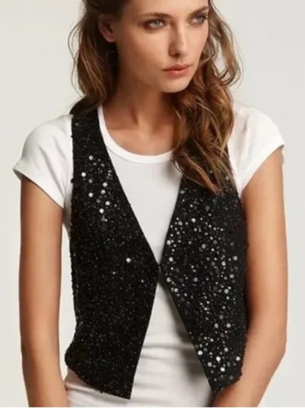 Eileen Fisher Black Sequin Silk Matka Vest Racerback Hook & Eye Closure
